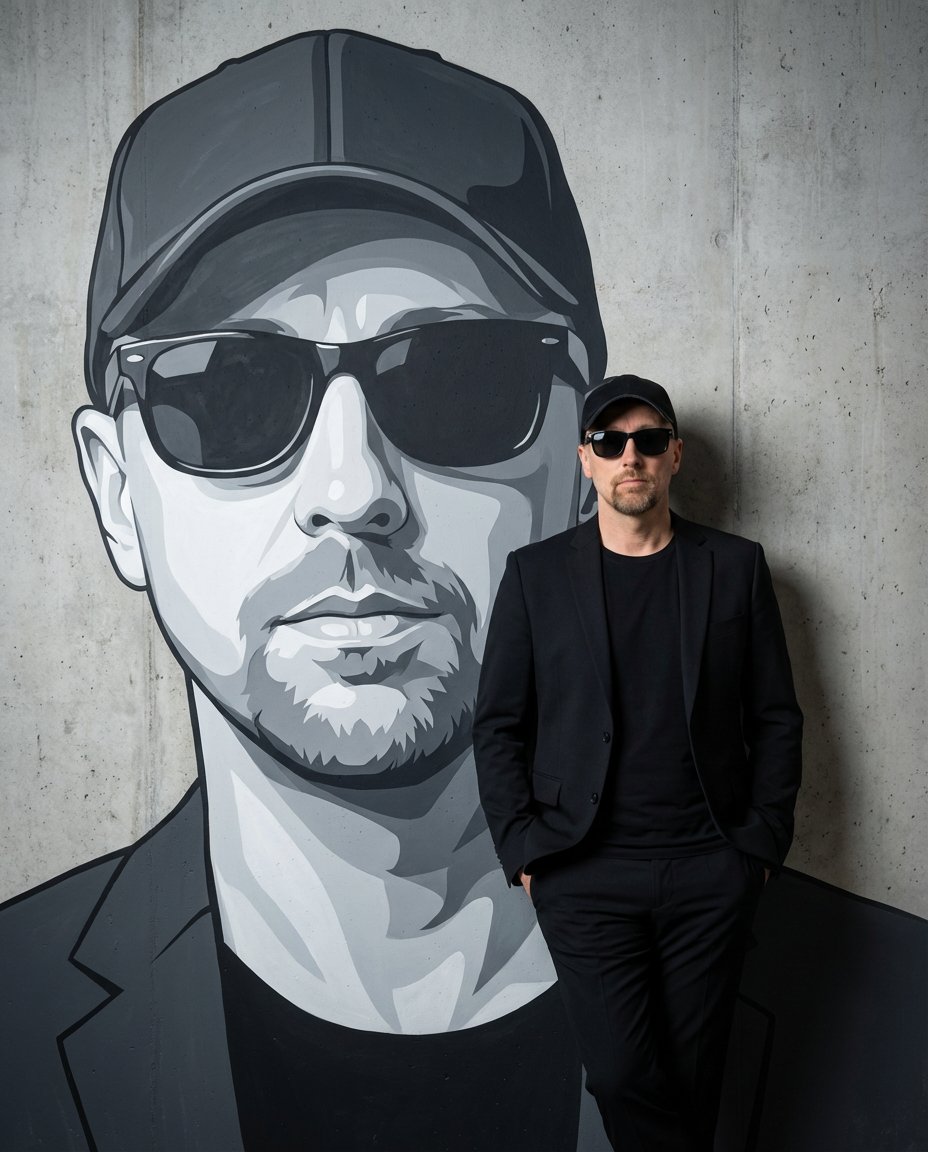 A Cinematic Studio Portrait Amidst its Vector Mural