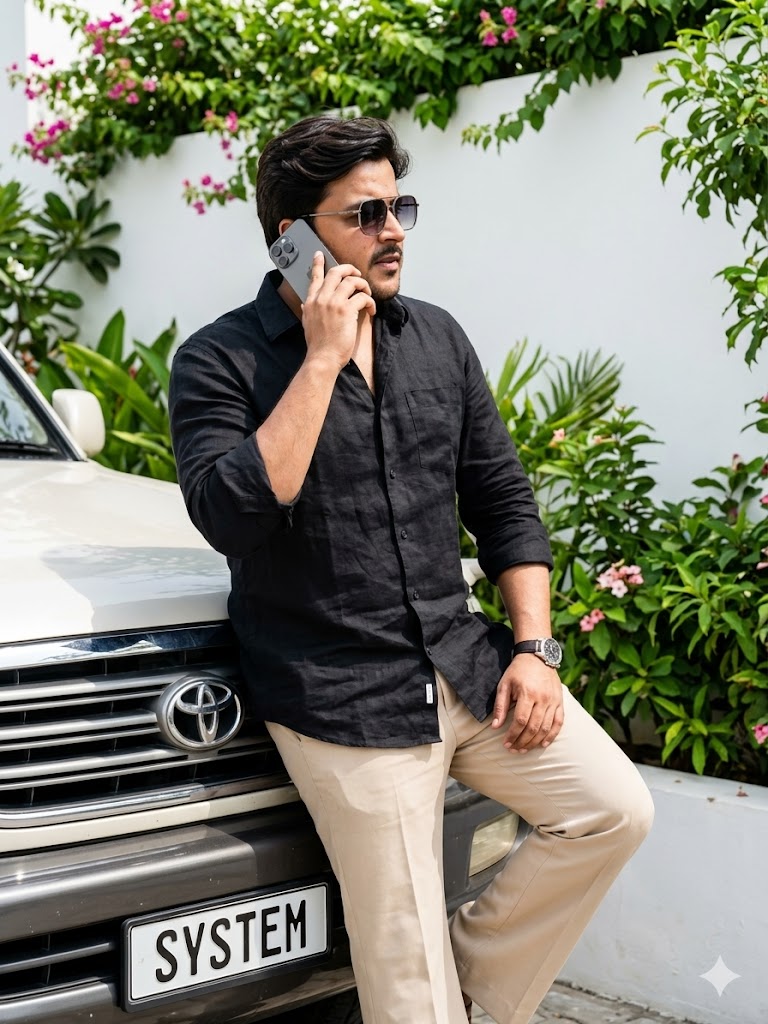 A ultrarealistic image an stylish young man standing outdoors in bright natural sunlight