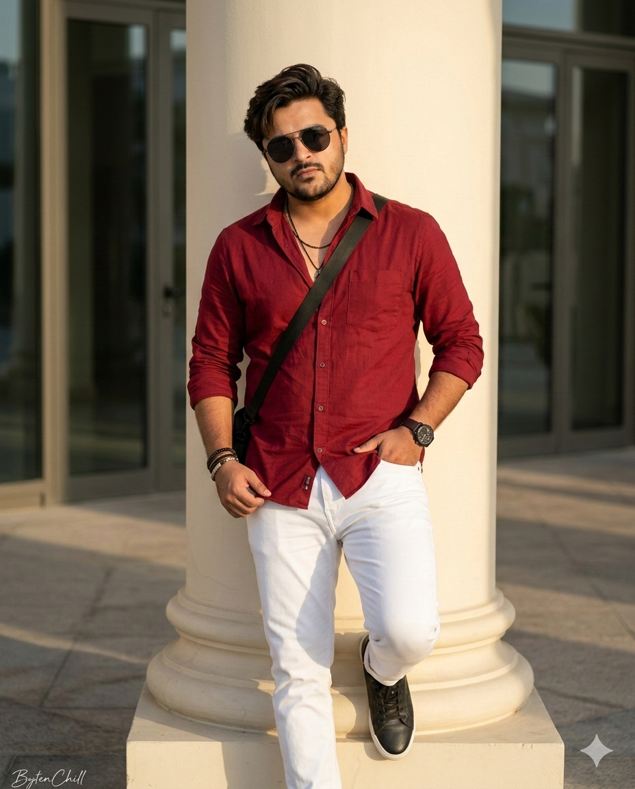 Crimson Linen Shirt & White Denim