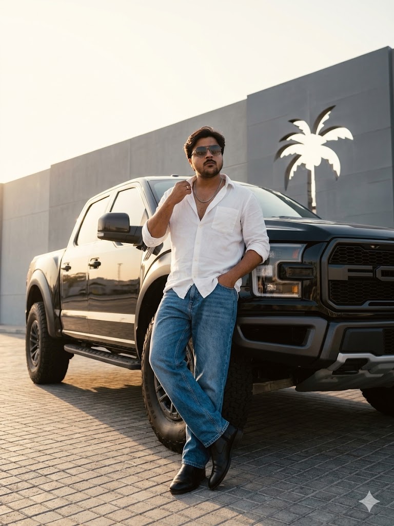 A full-body, low-angle shot of a stylish young man in his early 20s