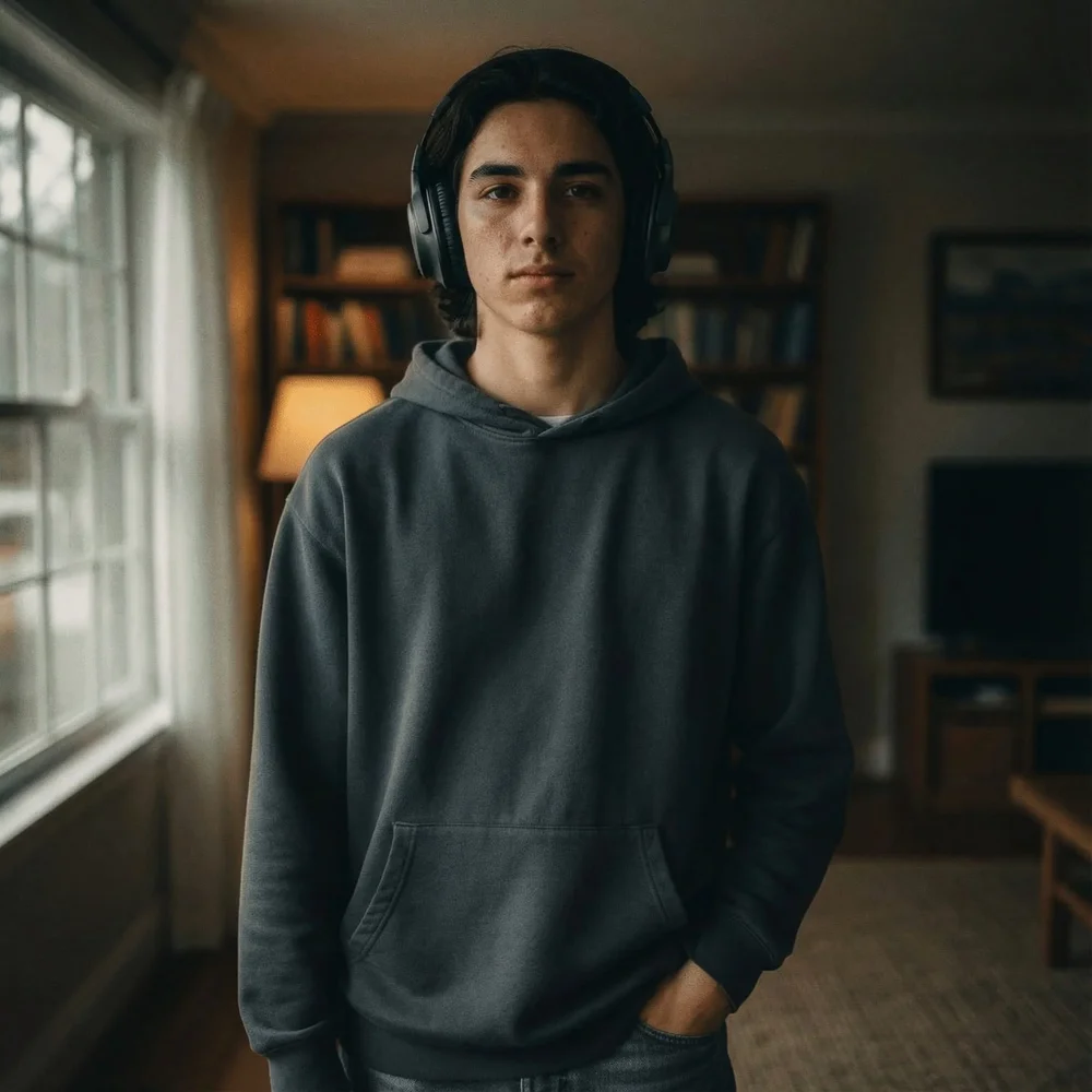 Teen with Headphones, Moody Lighting