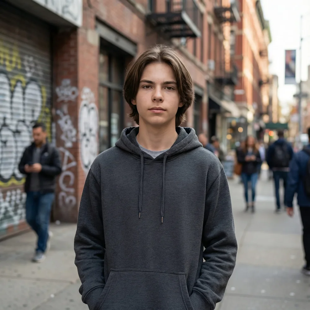 Teen in Hoodie, Street Style