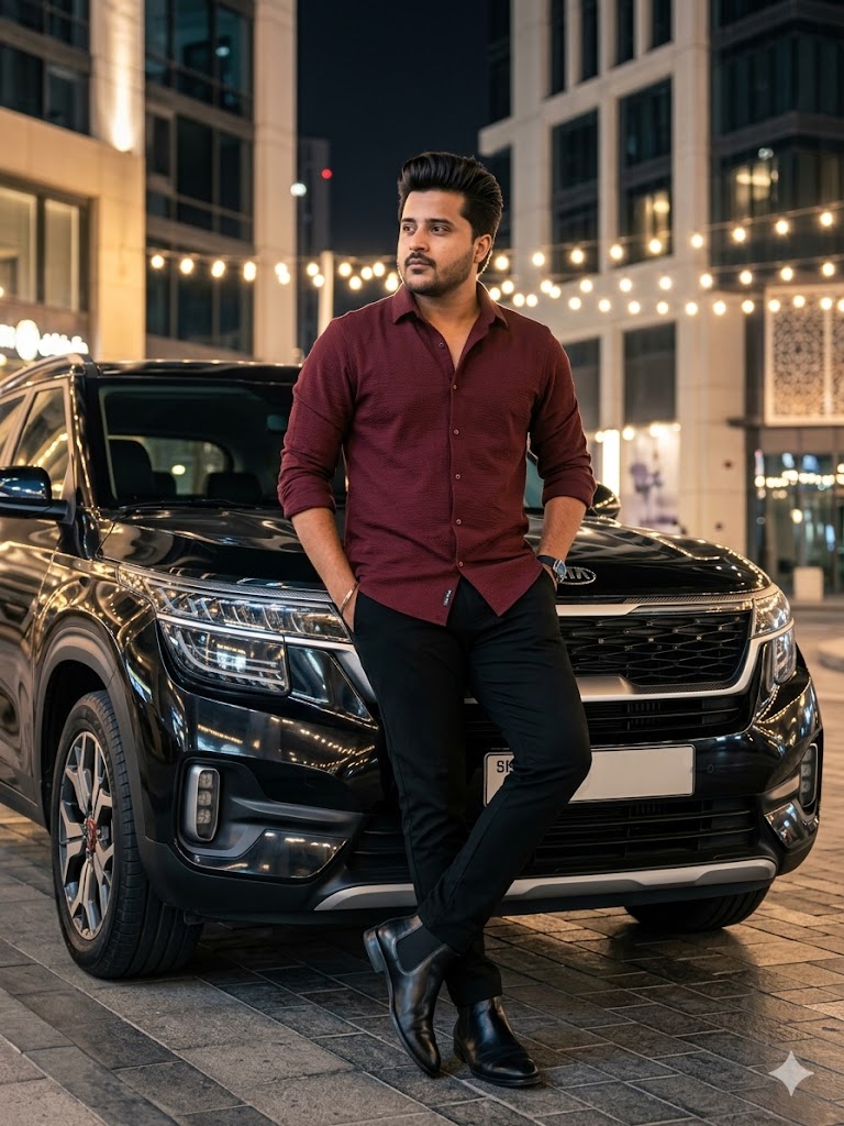 A full-body cinematic photograph of a stylish young man with a sharp beard