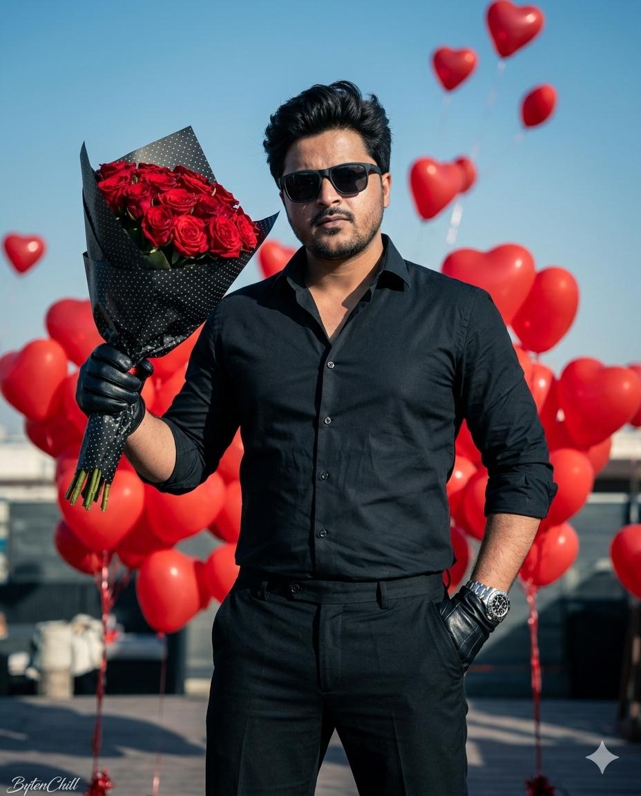 All-Black Fashion & Red Rose Bouquet Prompts