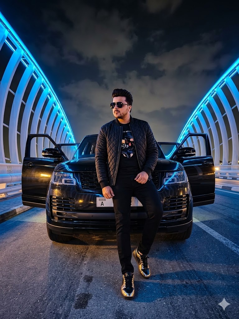 A high-fashion cinematic shot of a stylish young man with a pompadour hairstyle leaning against a glossy black Range Rover with its doors open.