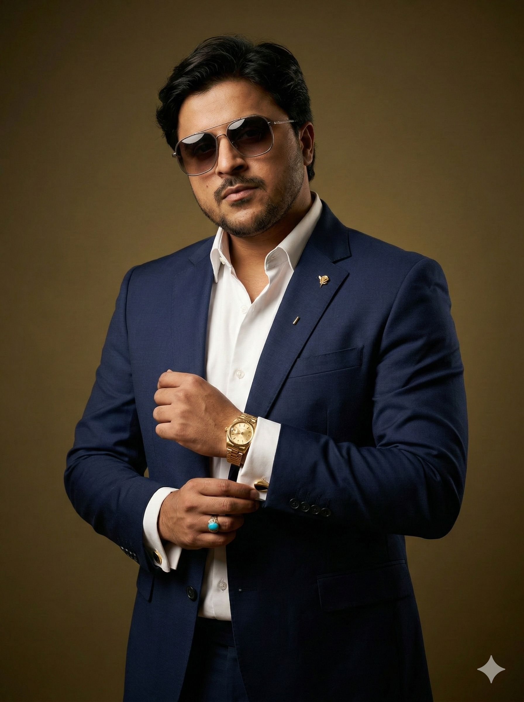 Confident man wearing a navy tailored suit